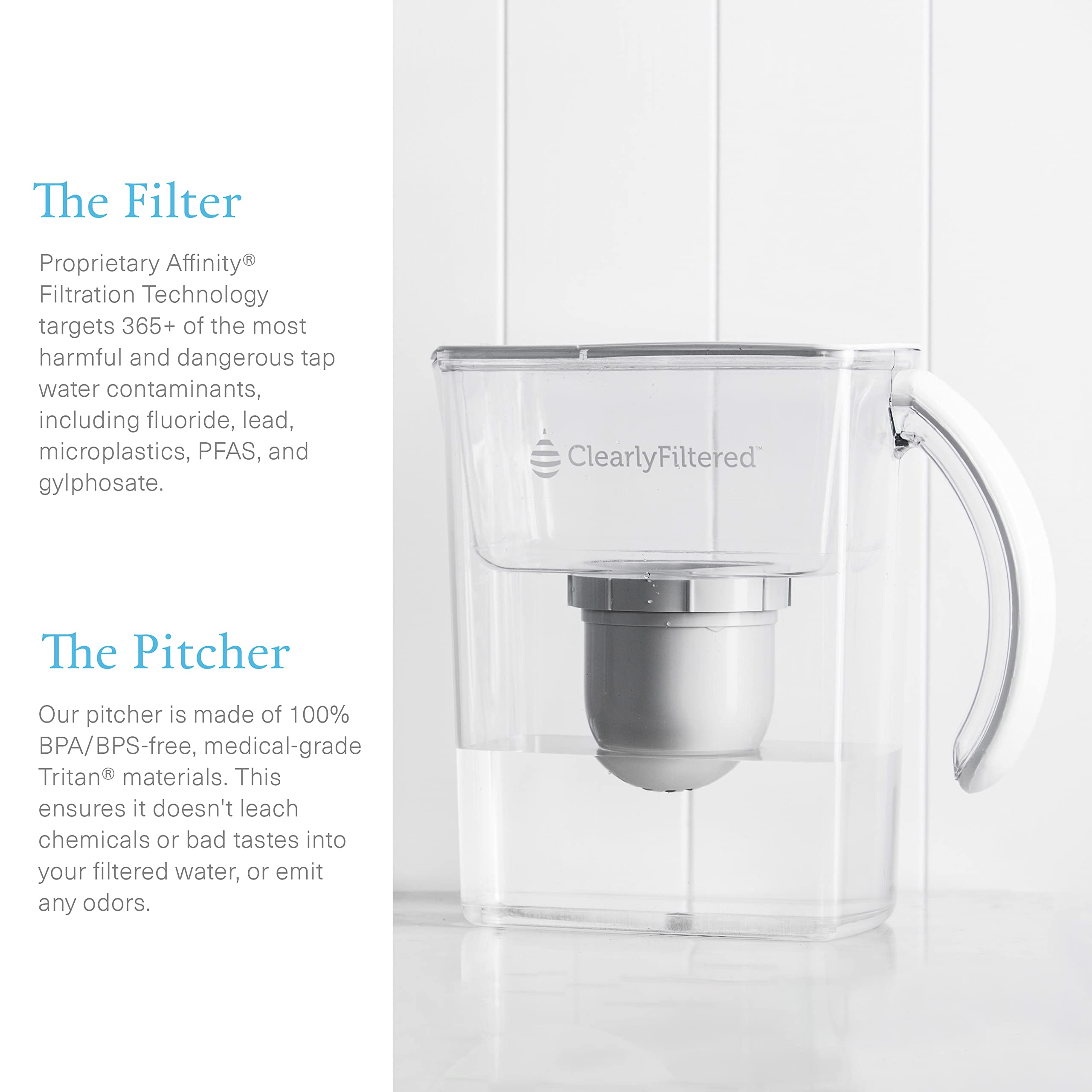 Clearly Filtered No. 1 Filtered Water Pitcher for Fluoride/Water Filter Pitcher + 6 Replacement Filters, BPA/BPS-Free/Filters 365+ Contaminants Including Fluoride, Lead, BPA, PFOA