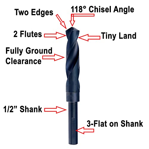 MAXTOOL 33/64" Silver and Deming Drill Bits HSS M2 S & D Drill Bits Prentice Twist Drills Black Oxide 3-Flat on 1/2" Shank 3-Flat 6" OAL; SD02B03R033