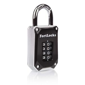 fortlocks gym locker lock - 4 digit, heavy duty, hardened stainless steel, weatherproof and outdoor combination padlock - easy to read numbers - resettable and cut proof combo code - 1 pack silver