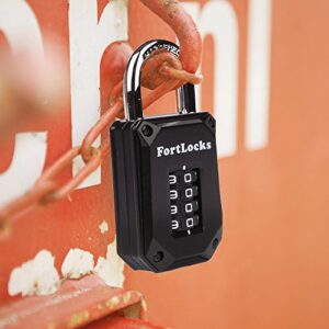 FortLocks Gym Locker Lock - 4 Digit, Heavy Duty, Hardened Stainless Steel, Weatherproof and Outdoor Combination Padlock - Easy to Read Numbers - Resettable and Cut Proof Combo Code - 1 Pack Black