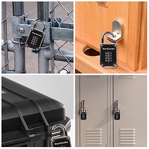 FortLocks Gym Locker Lock - 4 Digit, Heavy Duty, Hardened Stainless Steel, Weatherproof and Outdoor Combination Padlock - Easy to Read Numbers - Resettable and Cut Proof Combo Code - 1 Pack Black