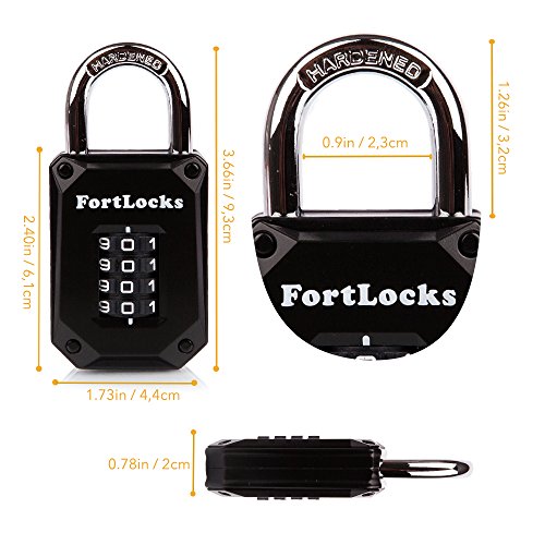 FortLocks Gym Locker Lock - 4 Digit, Heavy Duty, Hardened Stainless Steel, Weatherproof and Outdoor Combination Padlock - Easy to Read Numbers - Resettable and Cut Proof Combo Code - 1 Pack Black