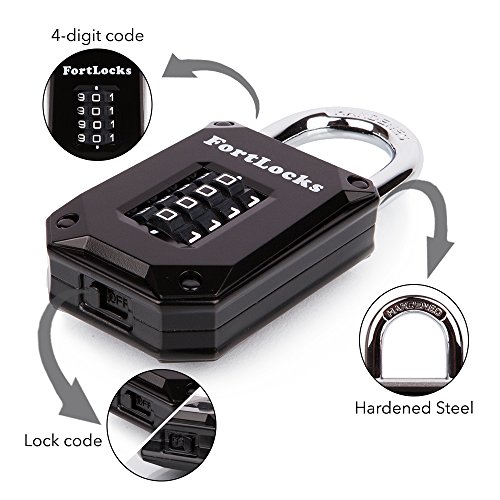 FortLocks Gym Locker Lock - 4 Digit, Heavy Duty, Hardened Stainless Steel, Weatherproof and Outdoor Combination Padlock - Easy to Read Numbers - Resettable and Cut Proof Combo Code - 1 Pack Black