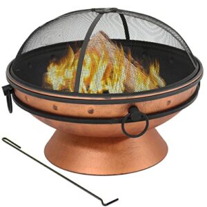 sunnydaze 30-inch raised outdoor fire pit bowl - with handles, log poker, and spark screen - copper finish