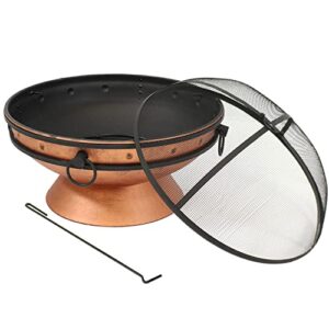 Sunnydaze 30-Inch Raised Outdoor Fire Pit Bowl - with Handles, Log Poker, and Spark Screen - Copper Finish