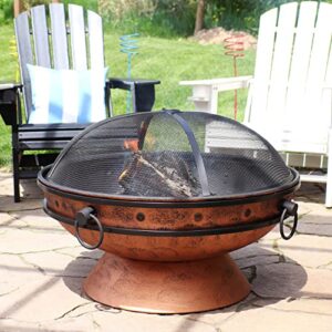 Sunnydaze 30-Inch Raised Outdoor Fire Pit Bowl - with Handles, Log Poker, and Spark Screen - Copper Finish
