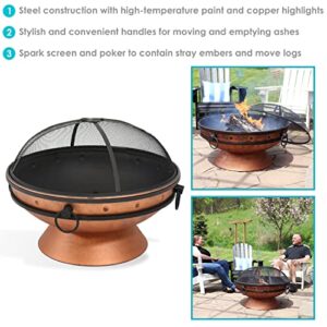 Sunnydaze 30-Inch Raised Outdoor Fire Pit Bowl - with Handles, Log Poker, and Spark Screen - Copper Finish