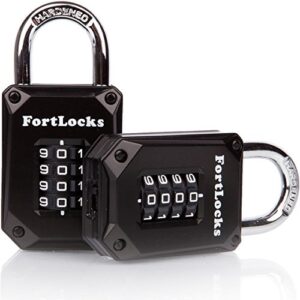 2 pack fortlocks gym locker lock - 4 digit, heavy duty, hardened stainless steel, weatherproof and outdoor combination padlock - easy to read numbers - resettable and cut proof combo code - black