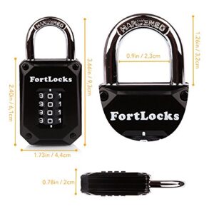 2 Pack FortLocks Gym Locker Lock - 4 Digit, Heavy Duty, Hardened Stainless Steel, Weatherproof and Outdoor Combination Padlock - Easy to Read Numbers - Resettable and Cut Proof Combo Code - Black