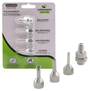 surebonder interchangeable hot glue gun nozzles - 4 pack includes adapter, small & large round nozzles, flat nozzle - made of aluminum for durability & smooth glue flow