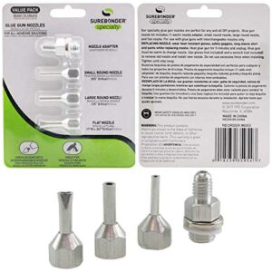 Surebonder Interchangeable Hot Glue Gun Nozzles - 4 Pack Includes Adapter, Small & Large Round Nozzles, Flat Nozzle - Made of Aluminum for Durability & Smooth Glue Flow