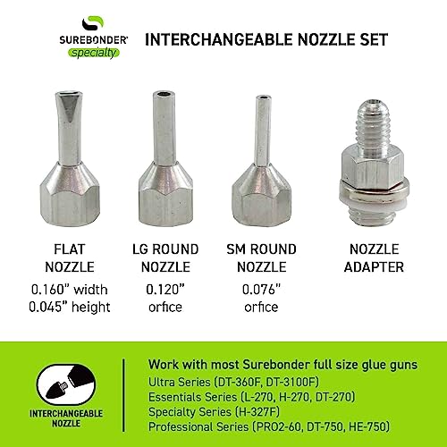 Surebonder Interchangeable Hot Glue Gun Nozzles - 4 Pack Includes Adapter, Small & Large Round Nozzles, Flat Nozzle - Made of Aluminum for Durability & Smooth Glue Flow