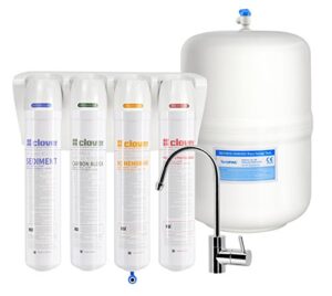 clover easy-install compact ro water filter system, 5-stage in 4 filters (includes quick-connect fittings, mineral filter, quick-change filters, ice-maker kit and 20’ tubing)
