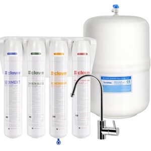 Clover Easy-Install Compact RO Water Filter System, 5-Stage in 4 Filters (Includes Quick-Connect Fittings, Mineral Filter, Quick-Change Filters, Ice-Maker Kit and 20’ Tubing)