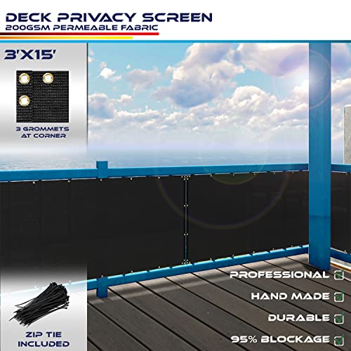 Windscreen4less 3'x15' Deck Balcony Privacy Screen for Deck Pool Fence Railings Apartment Balcony Privacy Screen for Patio Yard Porch Chain Link Fence Condo with Zip Ties Black