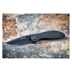 Sheffield 12169 Berda Assisted Survival Knife | 3 Inch Drop Point Folding Pocket Knife | Assisted Opening EDC Knife| Steel Handle | Tactical Knife for Camping, Men’s Gift, EDC & More | Pocket Clip