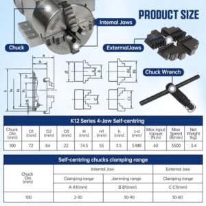 CNCTOPBAOS K12-100mm CNC Router Milling Machine Rotational Axis 4th Axis A axis Rotary Table A axis 100mm 4 jaw chuck dividing head,MT2 65mm Tailstock Reducing ratio 6:1 for CNC Engraving Machine