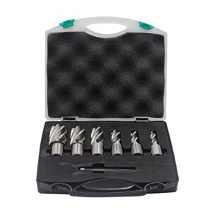 annular cutters set 6pcs jestuous 3/4 inch weldon shank 1 cutting depth 1/2-1-1/16 cutting diameter two flat hss slugger bits for mag drill press with pilot pin