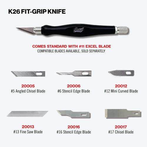 Excel Blades 16026 Fit Grip Knife, Ultra Sharp Hobby Knife with Carbon Steel Blade, Black, Contoured Rubberized Grip Light Duty Precision Cutting Tool.