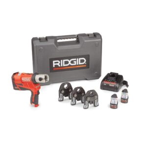 ridgid 57403 rp 240 propress 8-piece compact press tool kit with batteries, charger, 3 press tool jaws (1/2" to 2"), and case