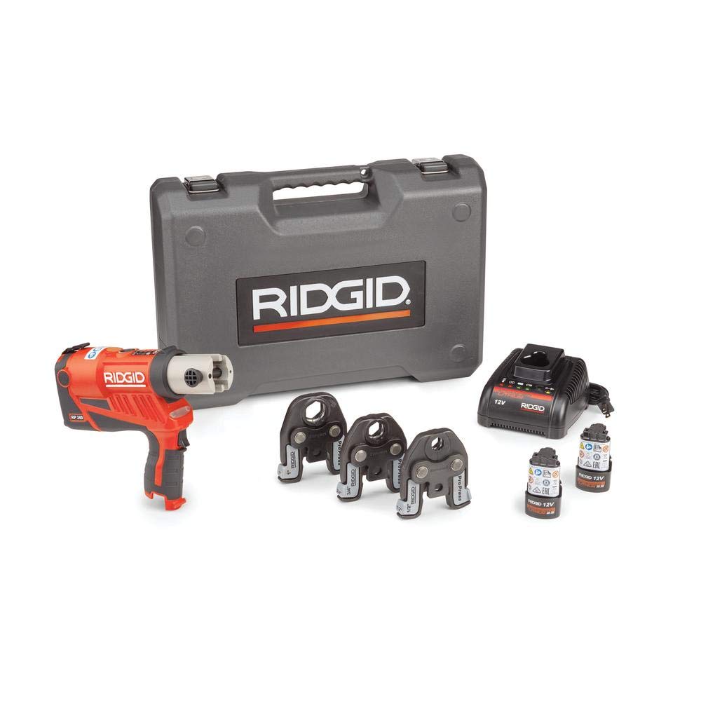 RIDGID 57403 RP 240 ProPress 8-Piece Compact Press Tool Kit with Batteries, Charger, 3 Press Tool Jaws (1/2" to 2"), and Case