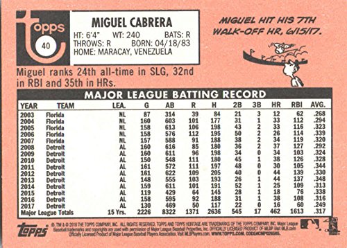 2018 Topps Heritage #40 Miguel Cabrera Detroit Tigers Baseball Card