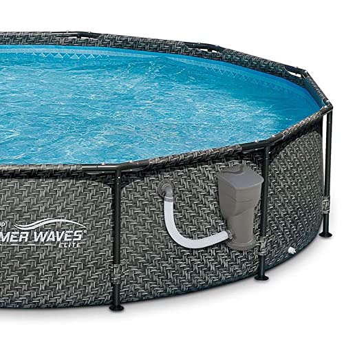 Summer Waves 12' x 33" Outdoor Round Metal Frame Above Ground Swimming Pool with Skimmer Filter Pump and Filter Cartridge, Gray Wicker