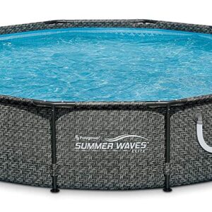 Summer Waves 12' x 33" Outdoor Round Metal Frame Above Ground Swimming Pool with Skimmer Filter Pump and Filter Cartridge, Gray Wicker