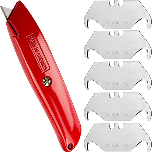 Heavy Duty Hook Blade Utility Knife with 5 Spare Refills. Sharp, Retractable Hooked Box Cutter Tool for Shingles, Roofing, Carpet. USA Made Stainless Steel Handle Fits 2 Notch Replacement Razor Blades