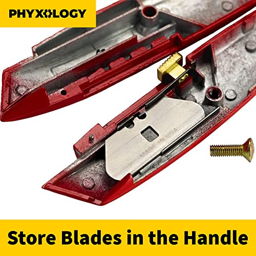 Heavy Duty Hook Blade Utility Knife with 5 Spare Refills. Sharp, Retractable Hooked Box Cutter Tool for Shingles, Roofing, Carpet. USA Made Stainless Steel Handle Fits 2 Notch Replacement Razor Blades