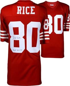 jerry rice san francisco 49ers autographed red mitchell & ness replica jersey with "hof 2010" inscription - autographed nfl jerseys