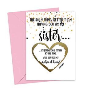 will you be my matron of honor scratch off card for sister, best friend, card for bridal proposal box gift (sister matron of honor)