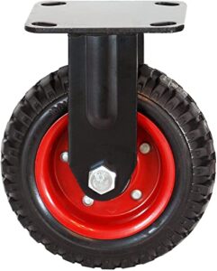 powertec 8 inch heavy duty fixed caster wheels, pneumatic plate casters with rubber knobby tread for workbench, dolly, cart, trolley, wagon & chicken coop, large castor wheels, 1pk (17053)