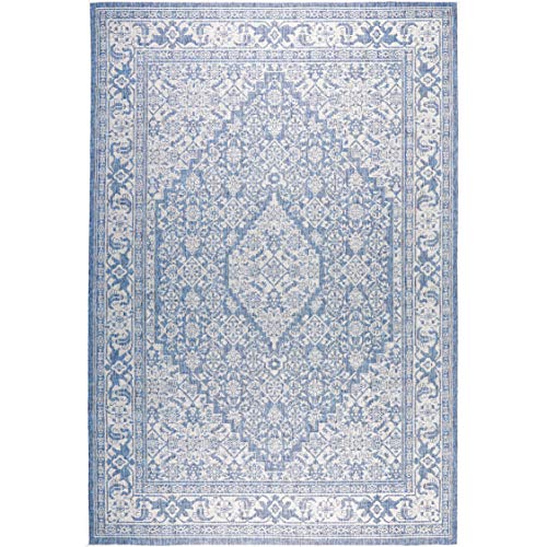 Nicole Miller New York Patio Country Dahlia Transitional Medallion Indoor/Outdoor Area Rug, 7'9" x 10'2", Blue/Grey