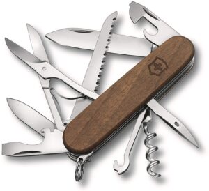 victorinox huntsman wood swiss army pocket knife, medium, multi tool, 13 functions, large blade, saw, wood