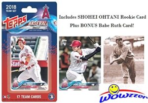 los angeles angels 2018 topps baseball exclusive special limited edition 17 card complete team set with shohei ohtani first rookie, mike trout, albert pujols & more plus bonus babe ruth card! wowzzer