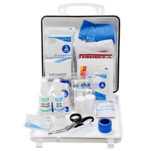 mfasco class b restaurant first aid kit - osha compliant - emergency plastic box - rubber sealed - includes blue bandages and burn care supplies - essentials for work or restaurant - 139 pieces