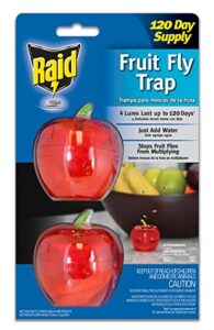 raid fruit fly trap, indoor fruit fly killer, easy to use safe, food-based lure fly catcher, 2 traps + 120 day lure supply