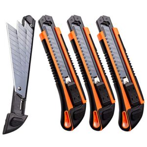 utility knife heavy duty box cutter| craft 18mm retractable and auto charge - work perfect in everyday use, tpr handle, abs body and anti rust blade slot (3 pack)