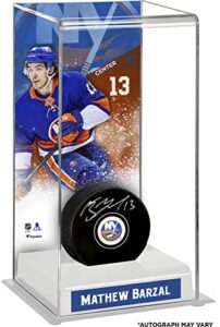 mathew barzal new york islanders autographed puck with deluxe tall hockey puck case - autographed nhl pucks