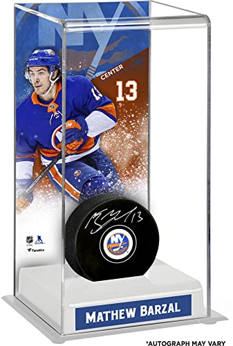 Mathew Barzal New York Islanders Autographed Puck with Deluxe Tall Hockey Puck Case - Autographed NHL Pucks