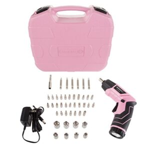 stalwart - 75-pt1031 pivoting screwdriver 45 pc. set-pivoting cordless power tool with rechargeable 3.6v lithium battery, led lights, bits, sockets, and case by pink