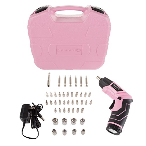 Stalwart - 75-PT1031 Pivoting Screwdriver 45 Pc. Set-Pivoting Cordless Power Tool with Rechargeable 3.6V Lithium Battery, LED Lights, Bits, Sockets, and Case by Pink