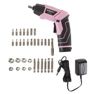 Stalwart - 75-PT1031 Pivoting Screwdriver 45 Pc. Set-Pivoting Cordless Power Tool with Rechargeable 3.6V Lithium Battery, LED Lights, Bits, Sockets, and Case by Pink