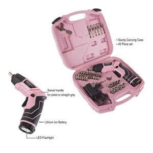 Stalwart - 75-PT1031 Pivoting Screwdriver 45 Pc. Set-Pivoting Cordless Power Tool with Rechargeable 3.6V Lithium Battery, LED Lights, Bits, Sockets, and Case by Pink