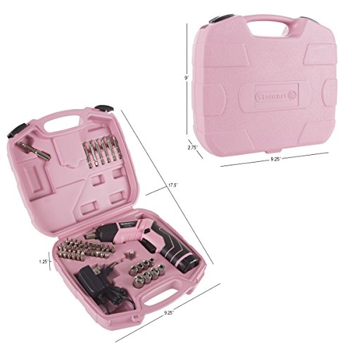 Stalwart - 75-PT1031 Pivoting Screwdriver 45 Pc. Set-Pivoting Cordless Power Tool with Rechargeable 3.6V Lithium Battery, LED Lights, Bits, Sockets, and Case by Pink