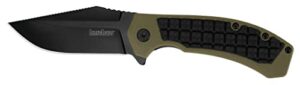 kershaw faultine pocketknife (8760); 3-inch 8cr13mov blade with kvt manual open, black oxide coating and rubber overmold, olive handle, pocketclip