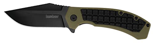 Kershaw Faultine Pocketknife (8760); 3-Inch 8Cr13MoV Blade with KVT Manual Open, Black Oxide Coating and Rubber Overmold, Olive Handle, Pocketclip