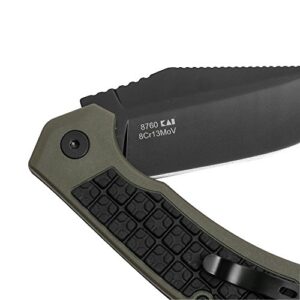 Kershaw Faultine Pocketknife (8760); 3-Inch 8Cr13MoV Blade with KVT Manual Open, Black Oxide Coating and Rubber Overmold, Olive Handle, Pocketclip