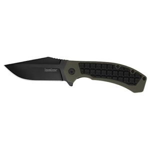 Kershaw Faultine Pocketknife (8760); 3-Inch 8Cr13MoV Blade with KVT Manual Open, Black Oxide Coating and Rubber Overmold, Olive Handle, Pocketclip